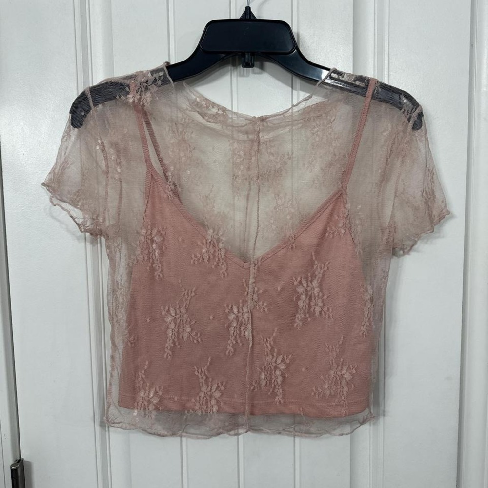 Pink  mesh sheer lace overlay crop top with cami.  M